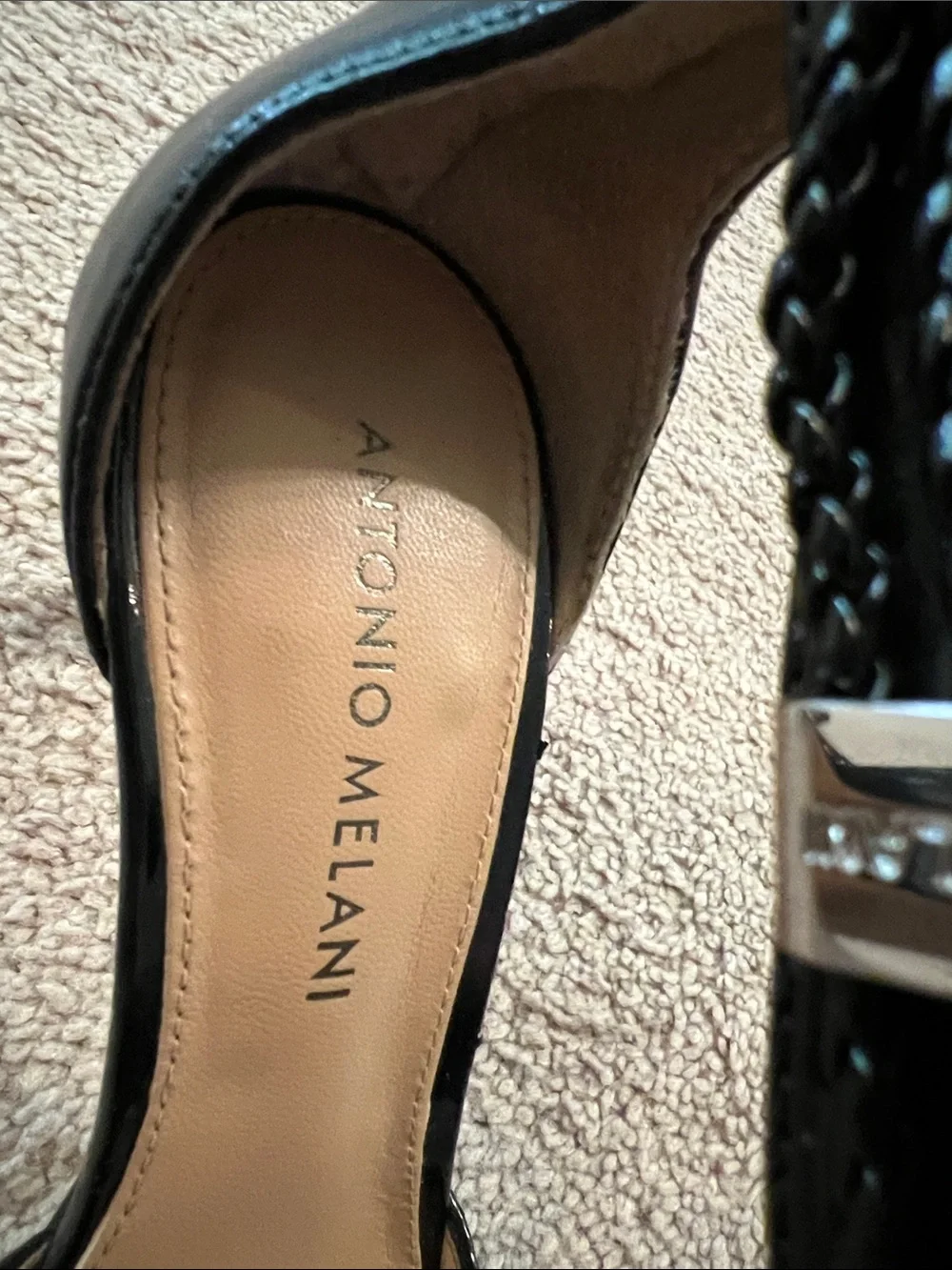 ANTONIO MELANI Black Pointed-Toe Ankle-Strap Pumps with Woven Detail